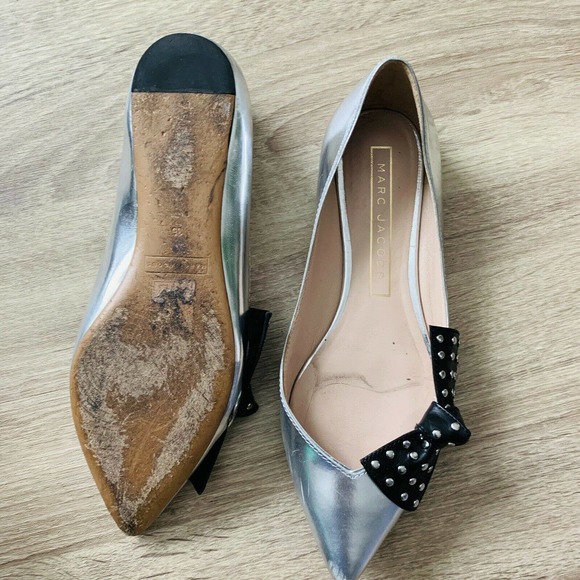 Marc Jacobs Metallic Silver Rita Black Studded Bow Ballerina Flats - Picture 5 of 5